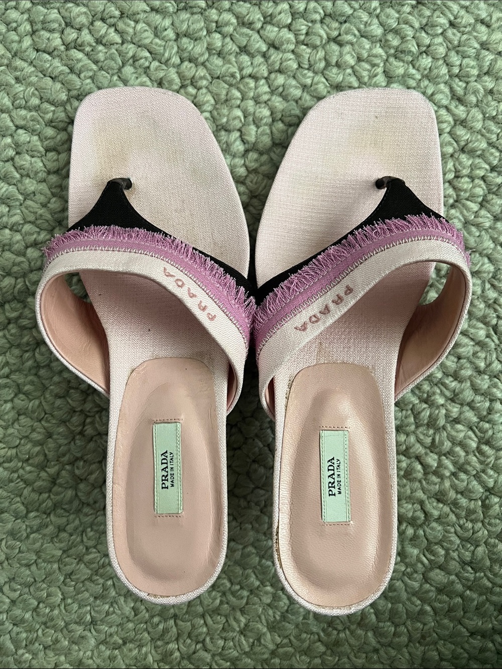 Prada Pink Linen Fringe Kitten Heel Flip Flop Sandals - Picture 4 of 4